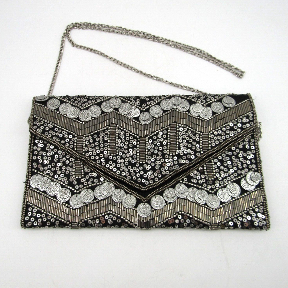 Earthbound Trading Co Grey Black Beaded Bag Canvas Crossbody Clutch Purse